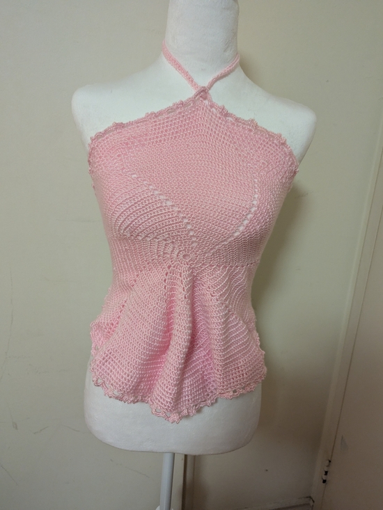Tops - Hand-Knit Pink Halter Crochet Top